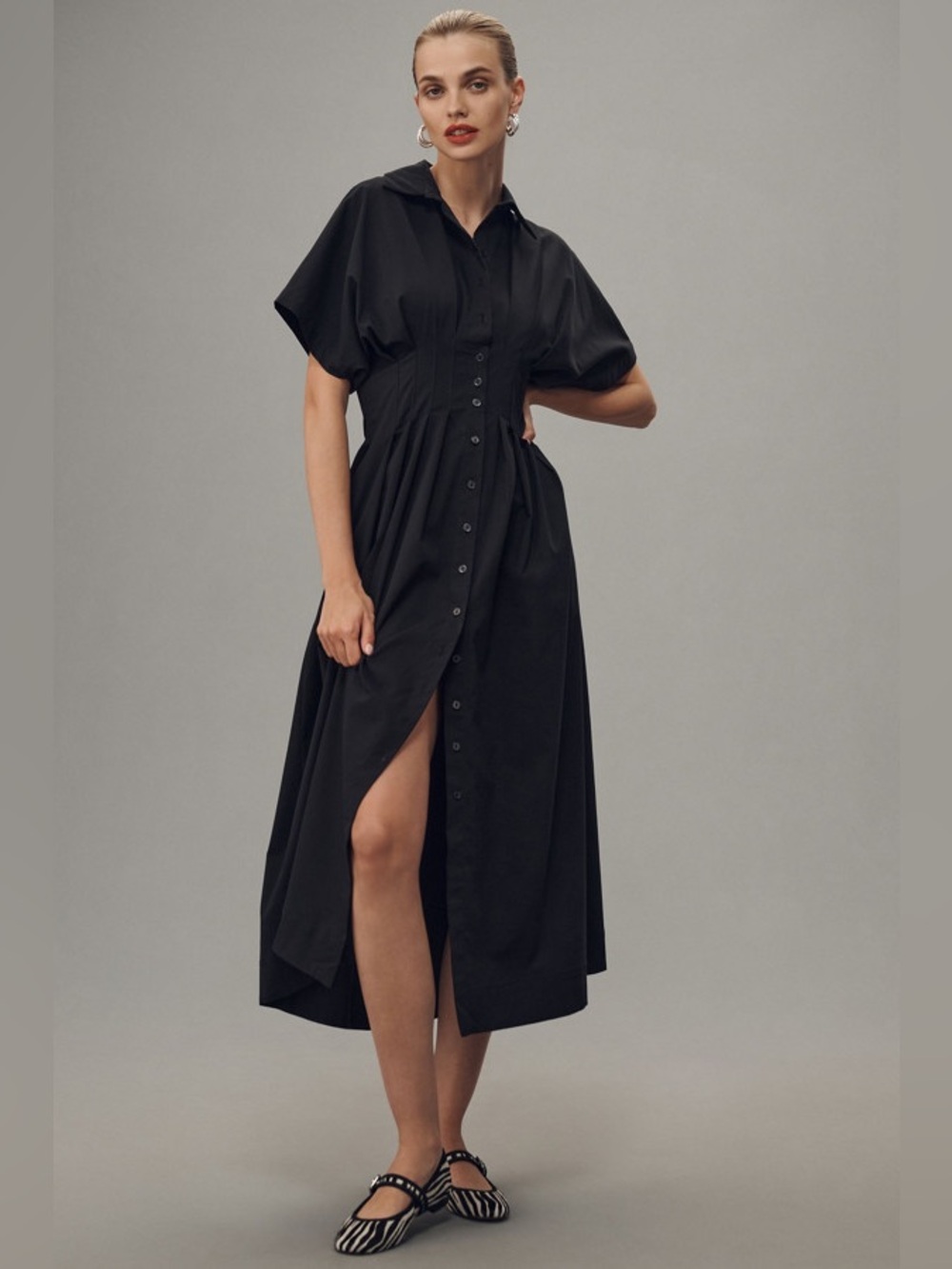 Anthropologie Tobie Black Button Front Midi Dress with Short Sleeves size small - Picture 2 of 15